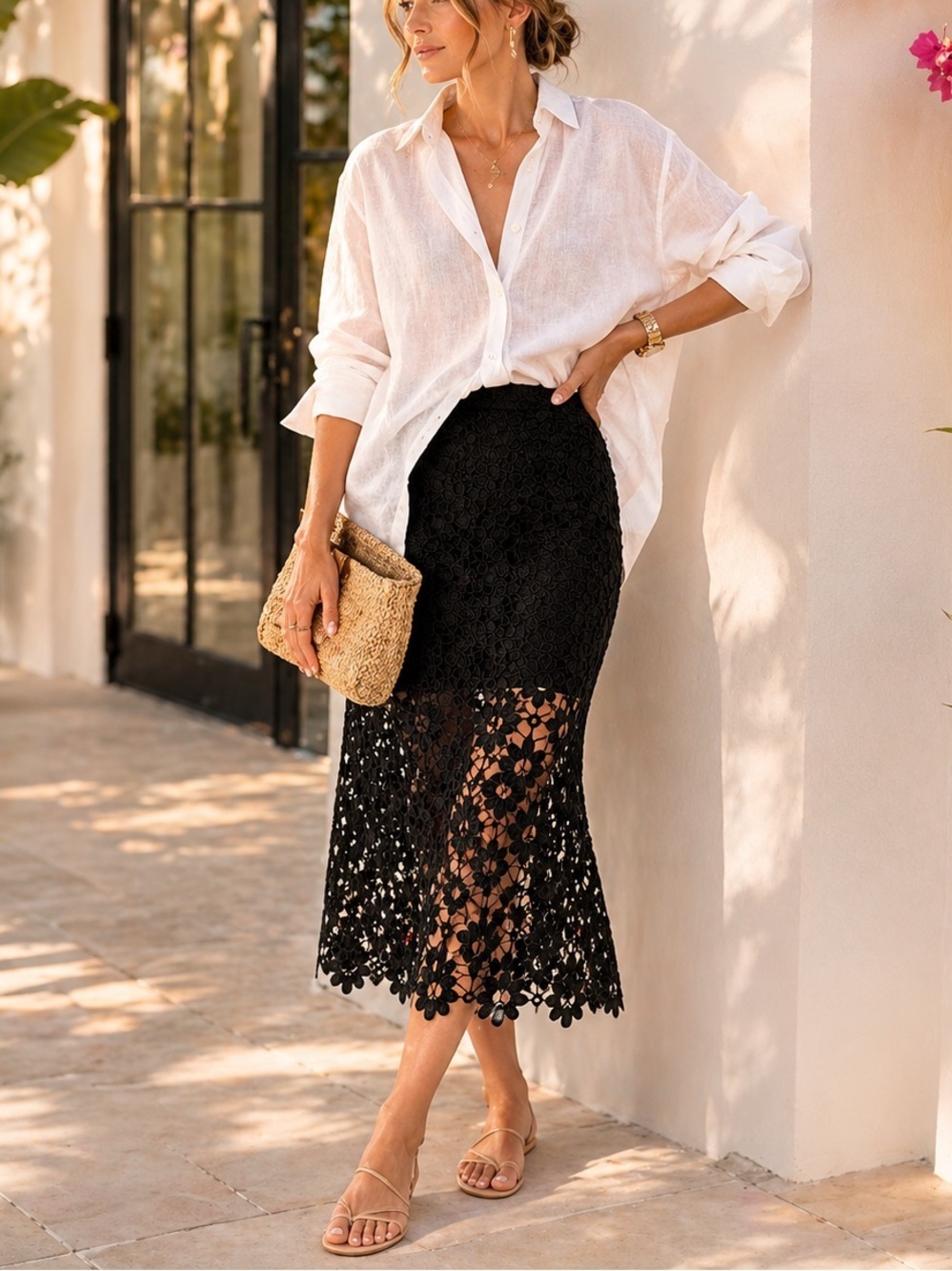 Sandro Black Lace Midi Skirt Size 1 / US 4 / Small Sheer Floral Cutwork
